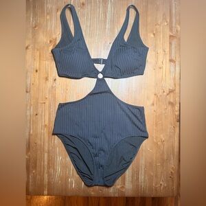 aerie Black Ribbed One-Piece Swimsuit with Center Ring Cutout